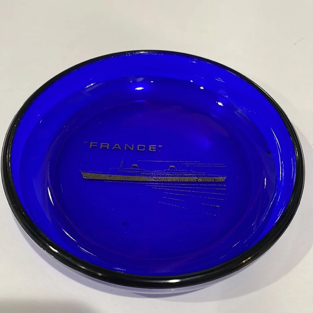 French Ocean Liner SS France Pair of Rare Blue Glass Coasters/Trinket Dishes